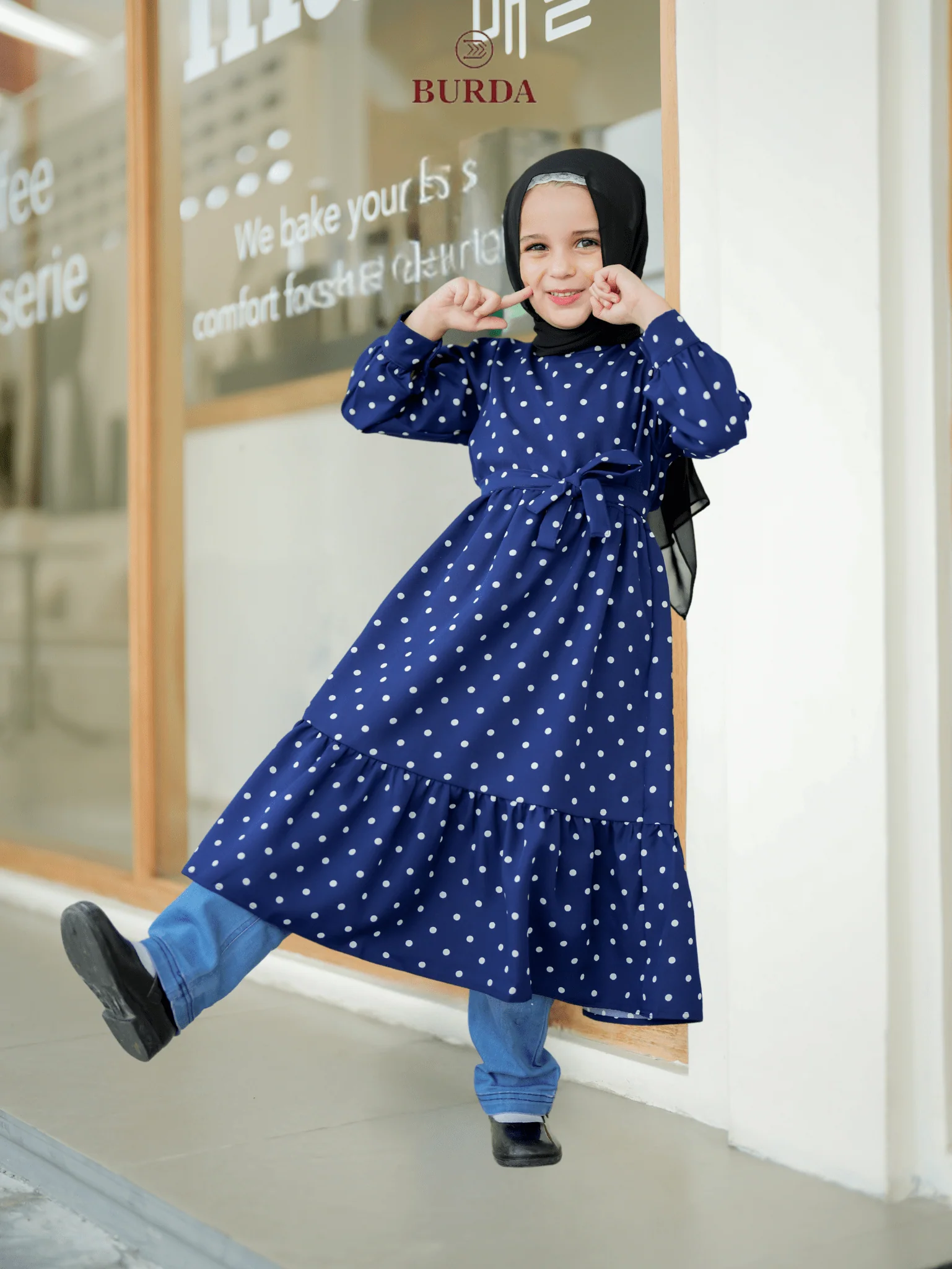 Kid's Navy Polka Dot Dress - Image 7